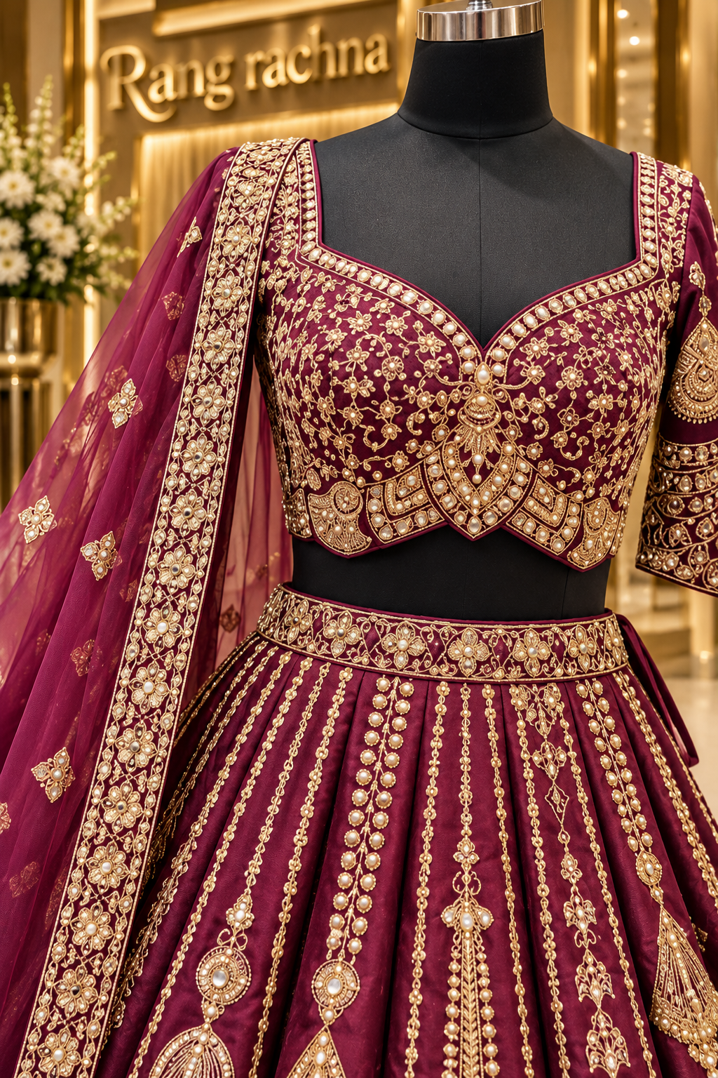Maroon Lehenga Set with Dupatta - detail view