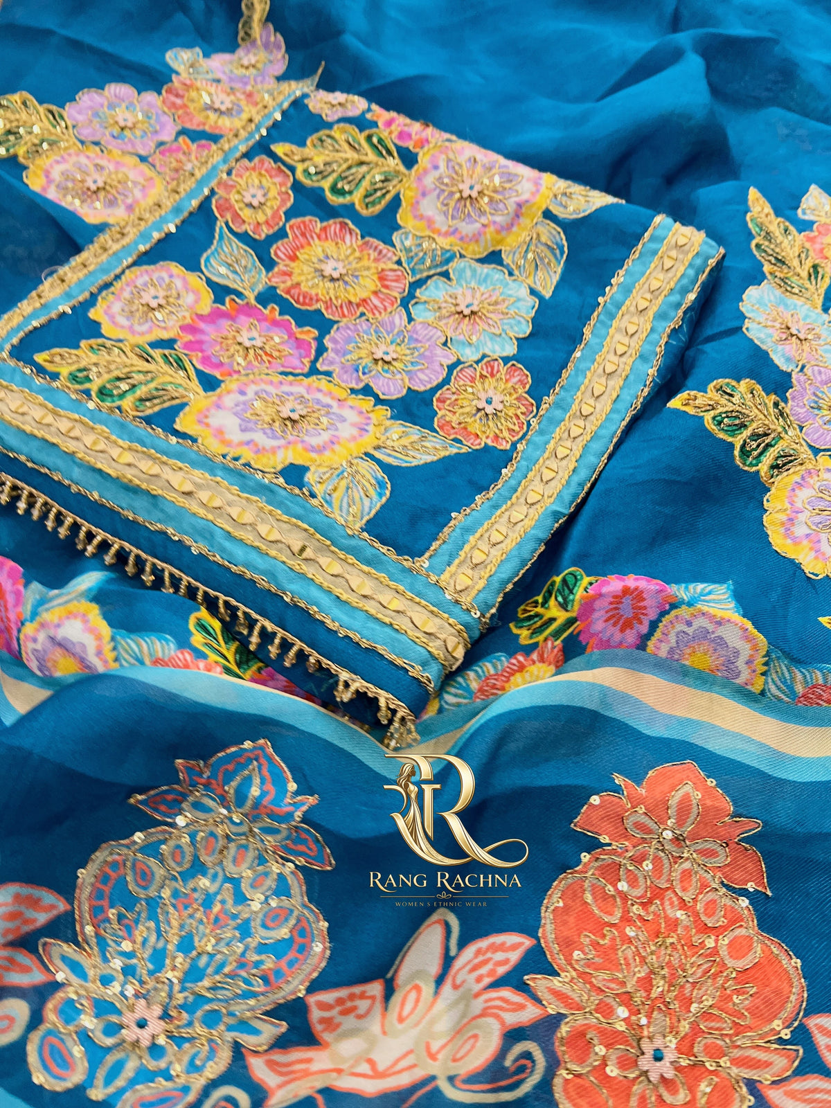 Blue Organza Unstitched Suit Set with Dupatta - detail view