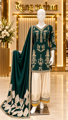 Bottle Green & Cream Farshi Suit Set with Dupatta - front view | Rang Rachna