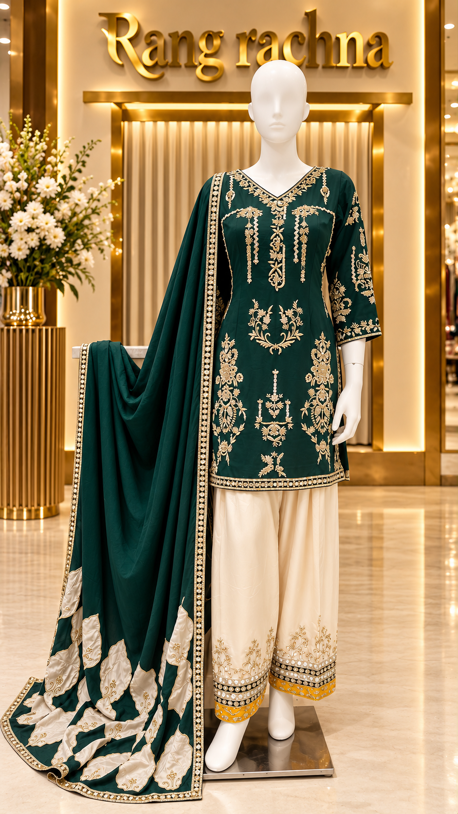 Bottle Green & Cream Farshi Suit Set with Dupatta - front view | Rang Rachna