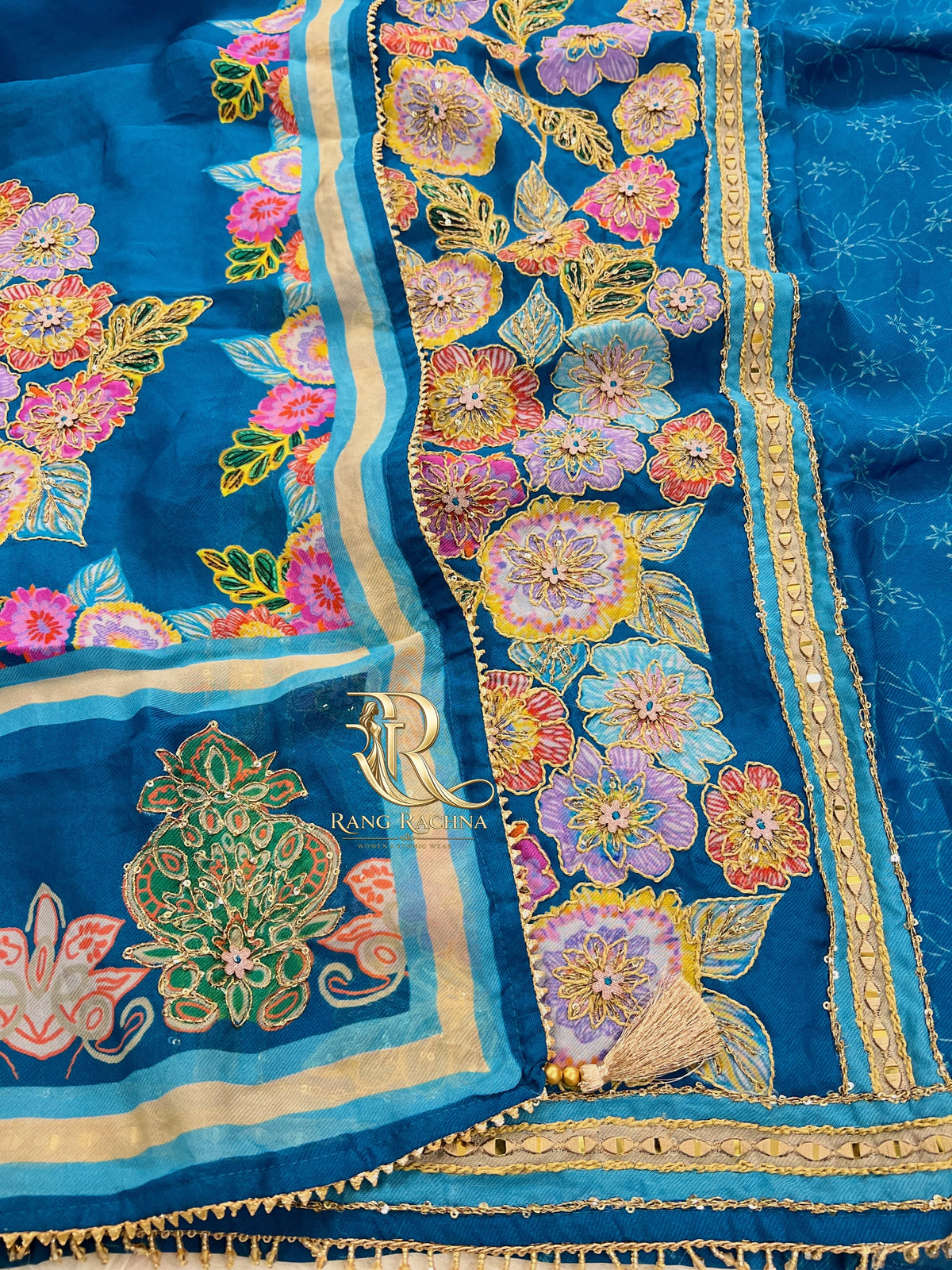 Blue Organza Unstitched Suit Set with Dupatta - Rang Rachna festive wear