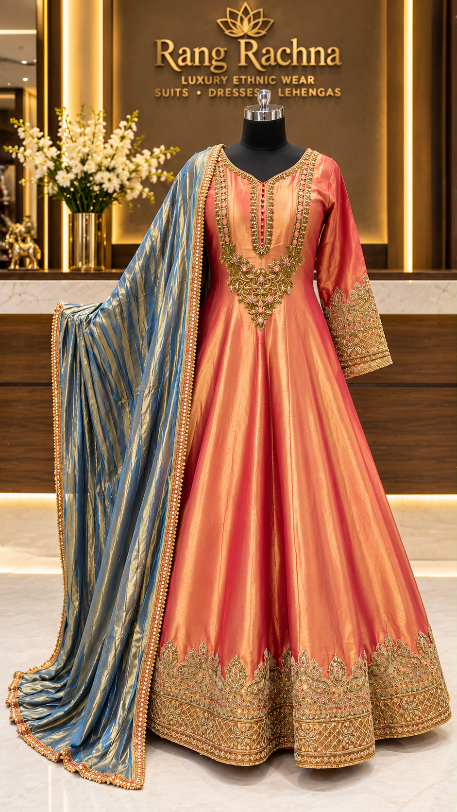Rust Orange Anarkali Suit Set with Dupatta - detail view