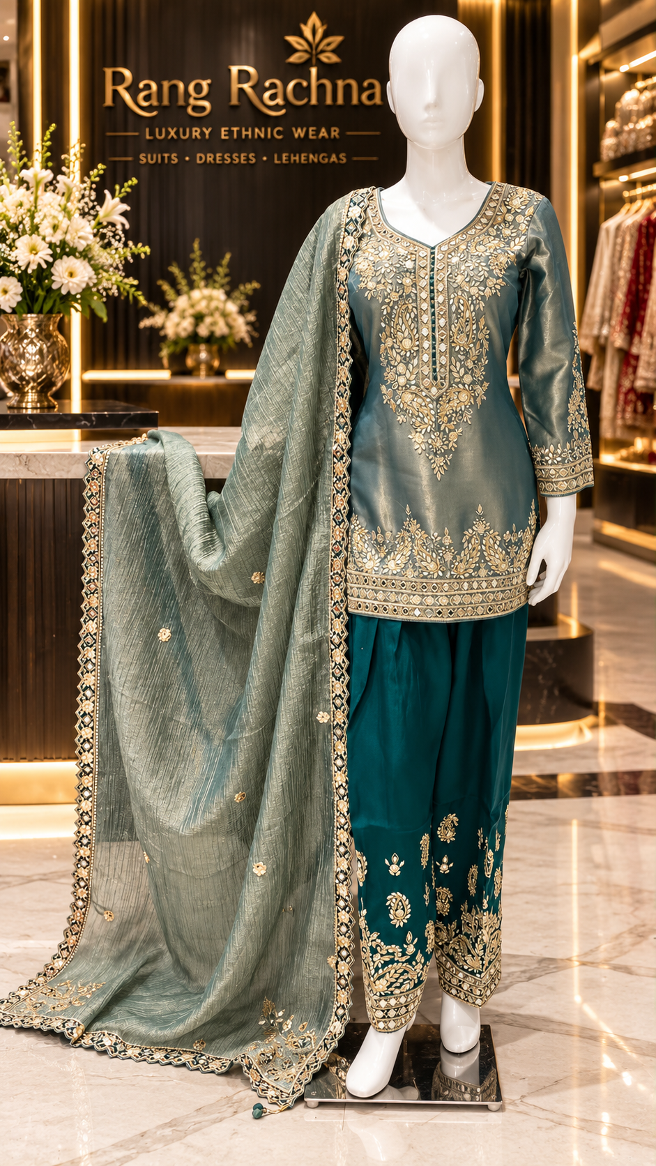 Turquoise Green Farshi Suit Set with Dupatta - front view | Rang Rachna