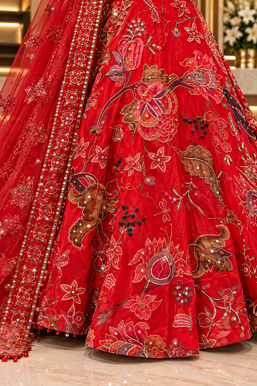 Light Red Pure Organza Lehenga Set - lehenga and blouse detail