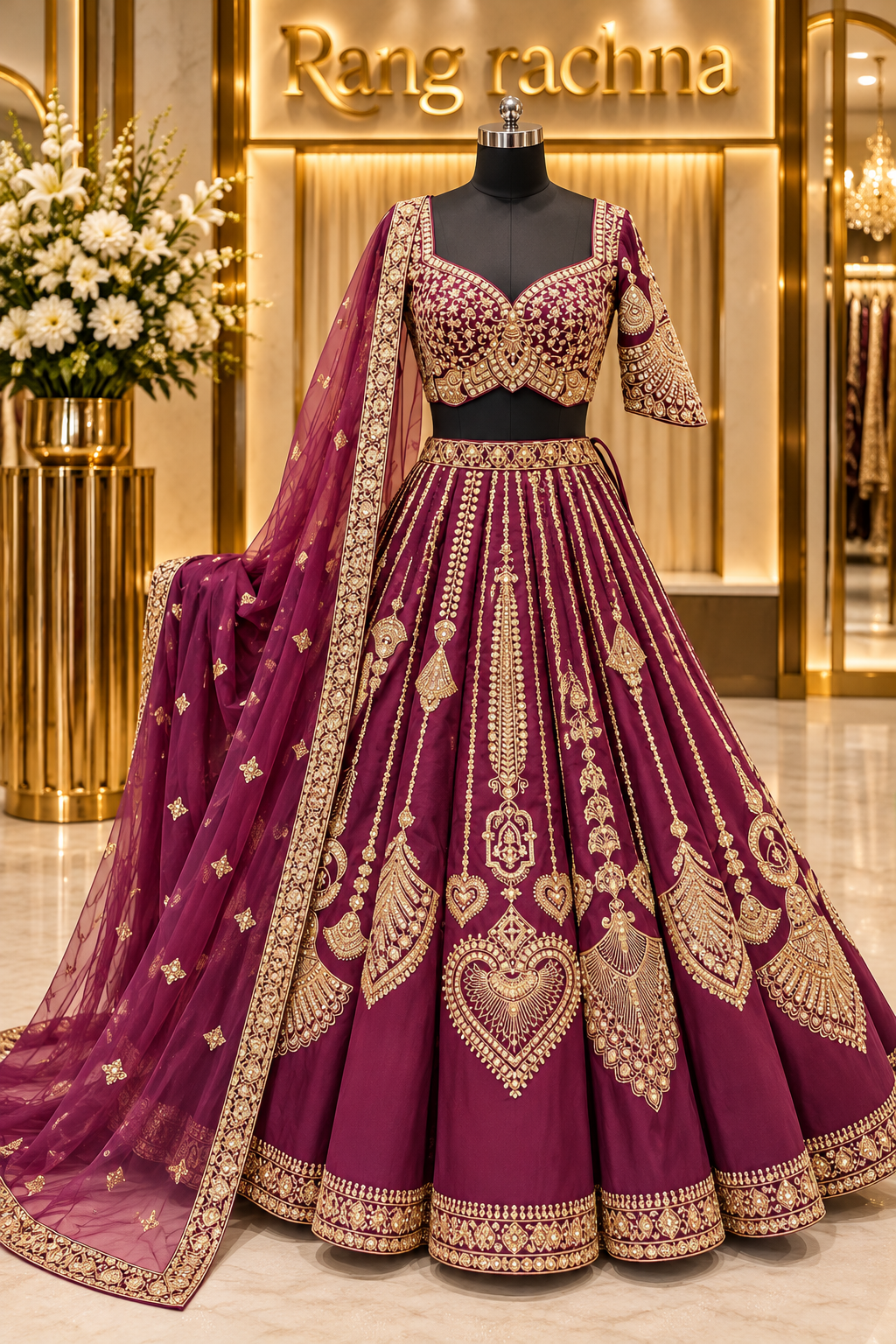 Maroon Lehenga Set with Dupatta - front view | Rang Rachna