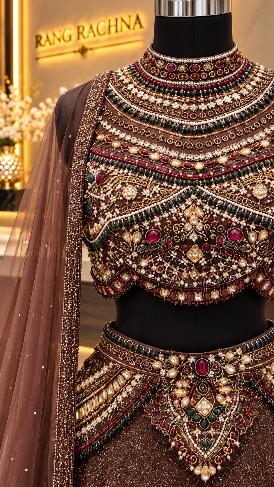 Close-up of kundan, pearl and stone embellished high-neck blouse on brown lehenga