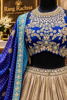 Deep Blue & Cream Beige Lehenga Set with Dupatta - detail view