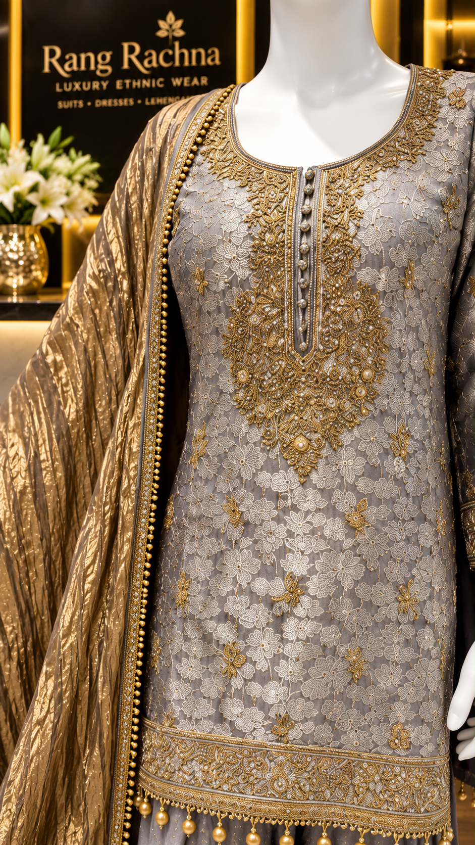 Mauve Grey Farshi Suit Set with Dupatta - kurta and farshi pants detail