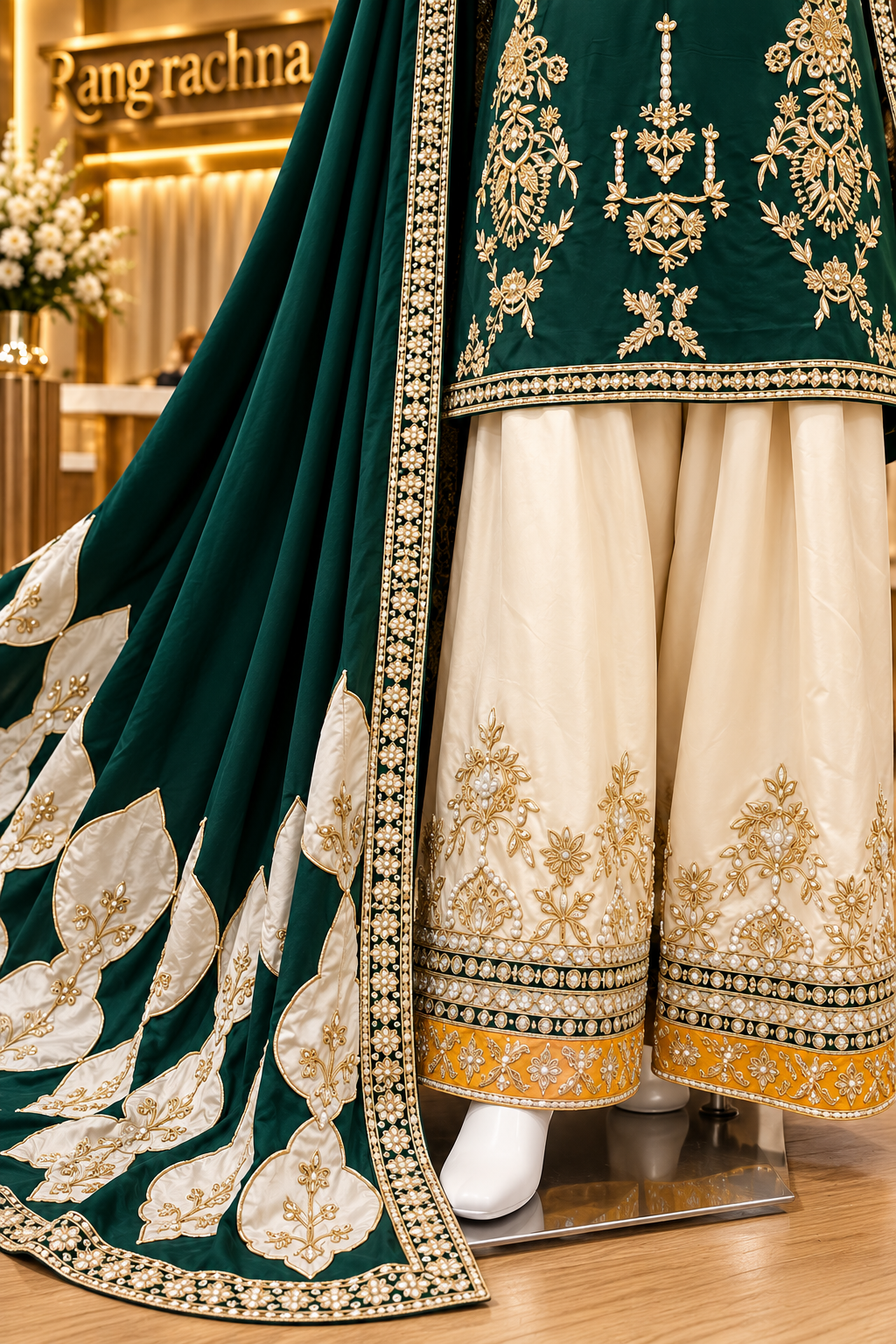 Bottle Green & Cream Farshi Suit Set with Dupatta - Rang Rachna festive wear