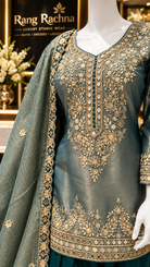 Turquoise Green Farshi Suit Set with Dupatta - detail view