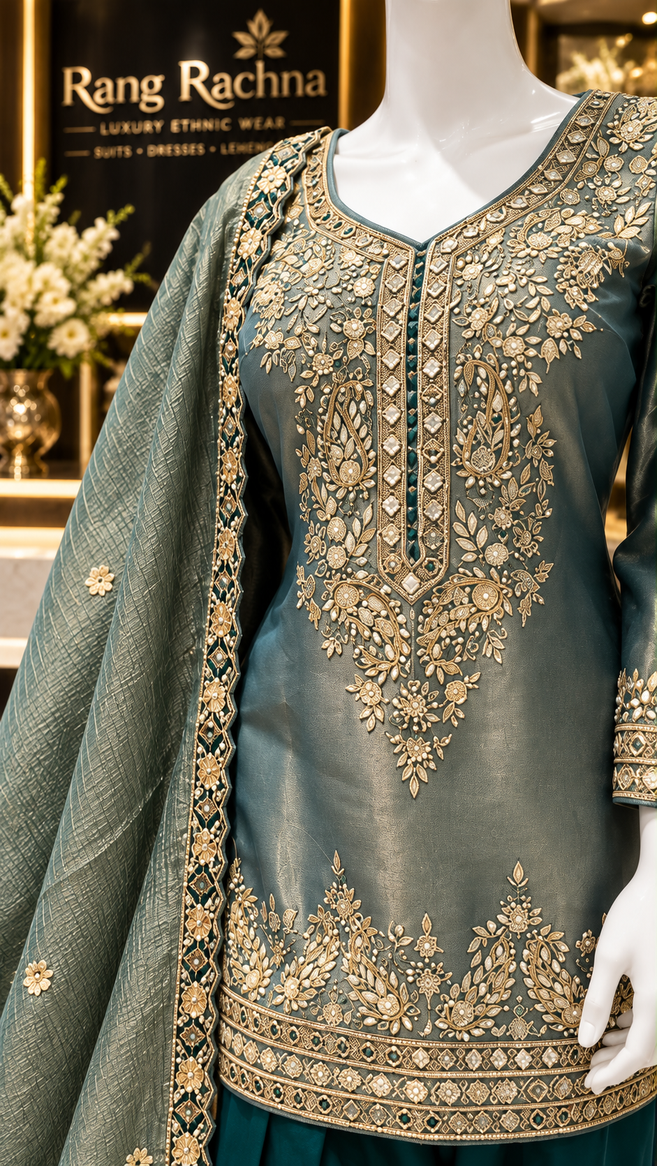 Turquoise Green Farshi Suit Set with Dupatta - detail view