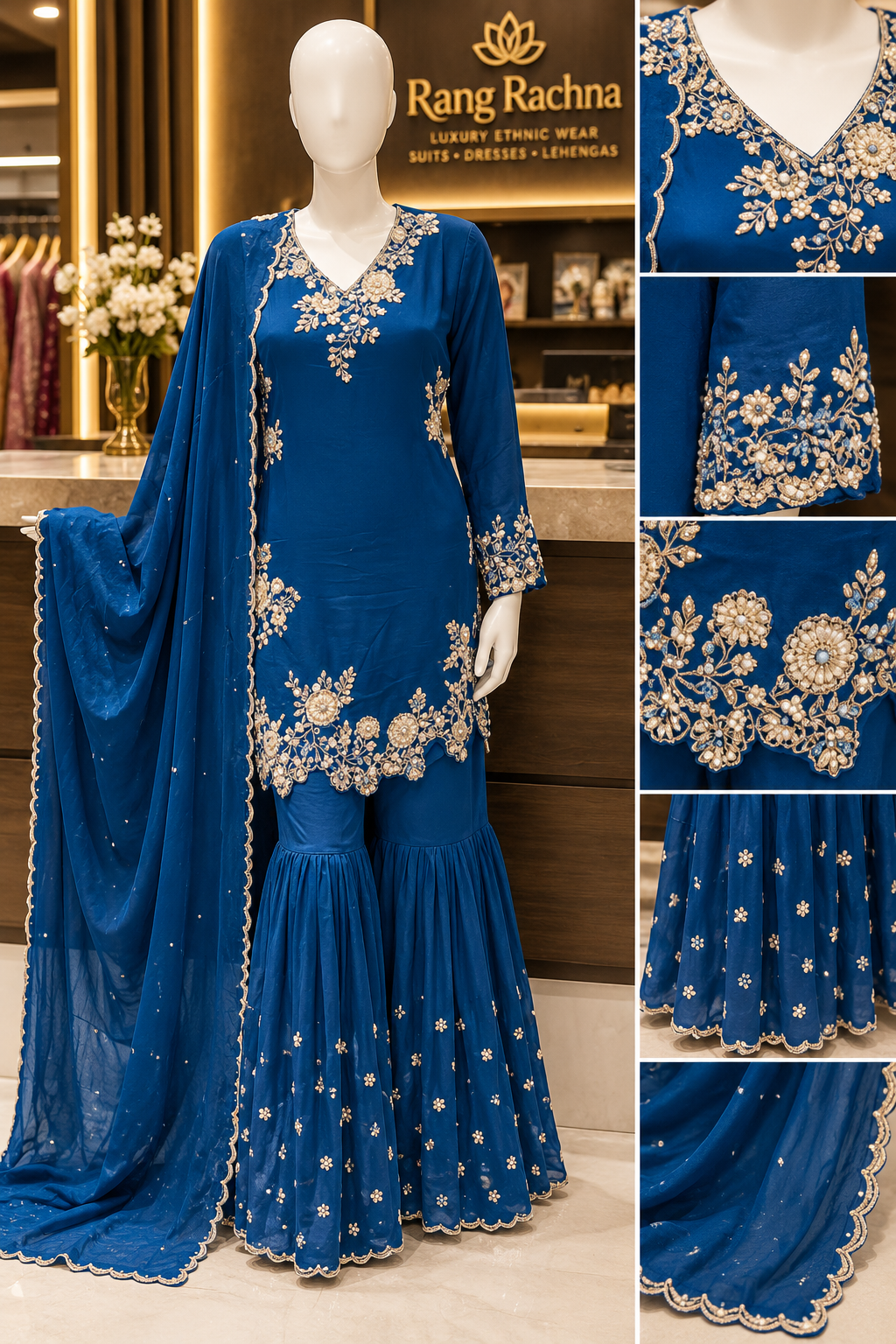 Deep Blue Palazzo Suit Set with Dupatta - front view | Rang Rachna