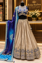 Deep Blue & Cream Beige Lehenga Set with Dupatta - front view | Rang Rachna