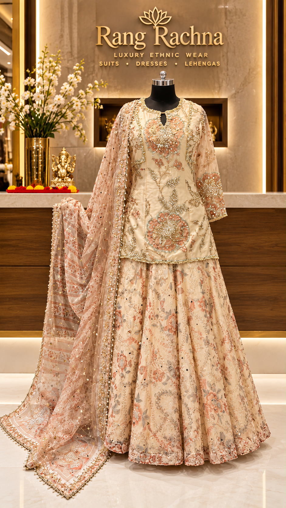 Cream Off-White Lehenga Choli Set with Dupatta - front view | Rang Rachna