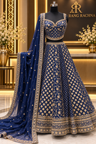 Deep Blue Lehenga Set with Dupatta - front view | Rang Rachna