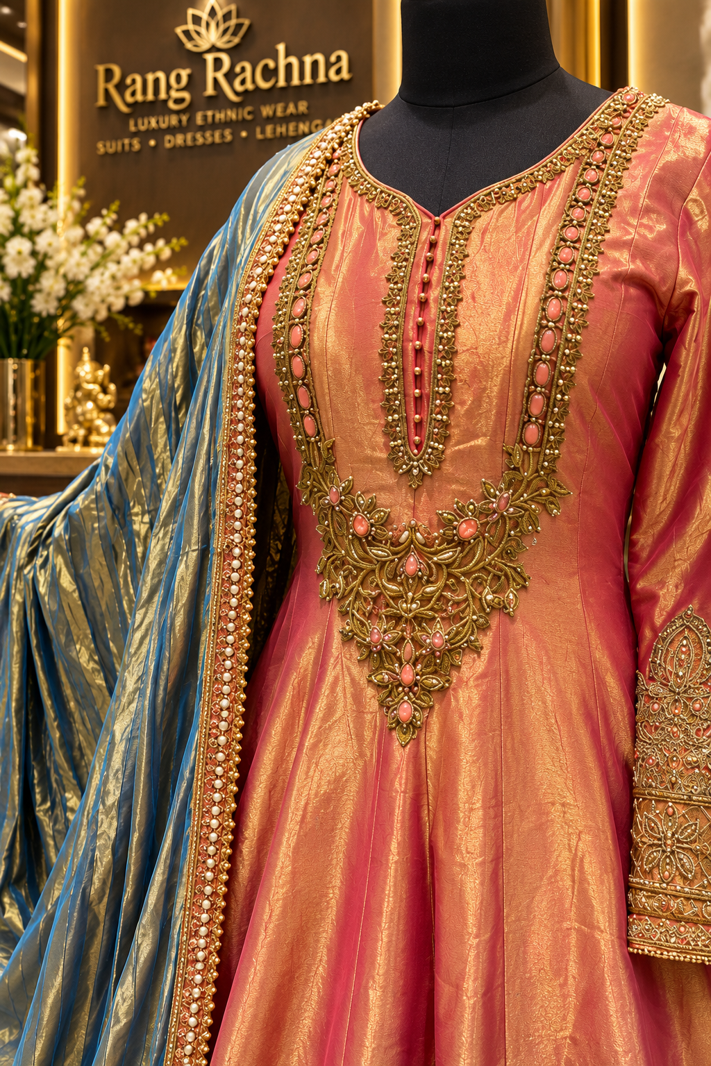 Rust Orange Anarkali Suit Set with Dupatta - front view | Rang Rachna