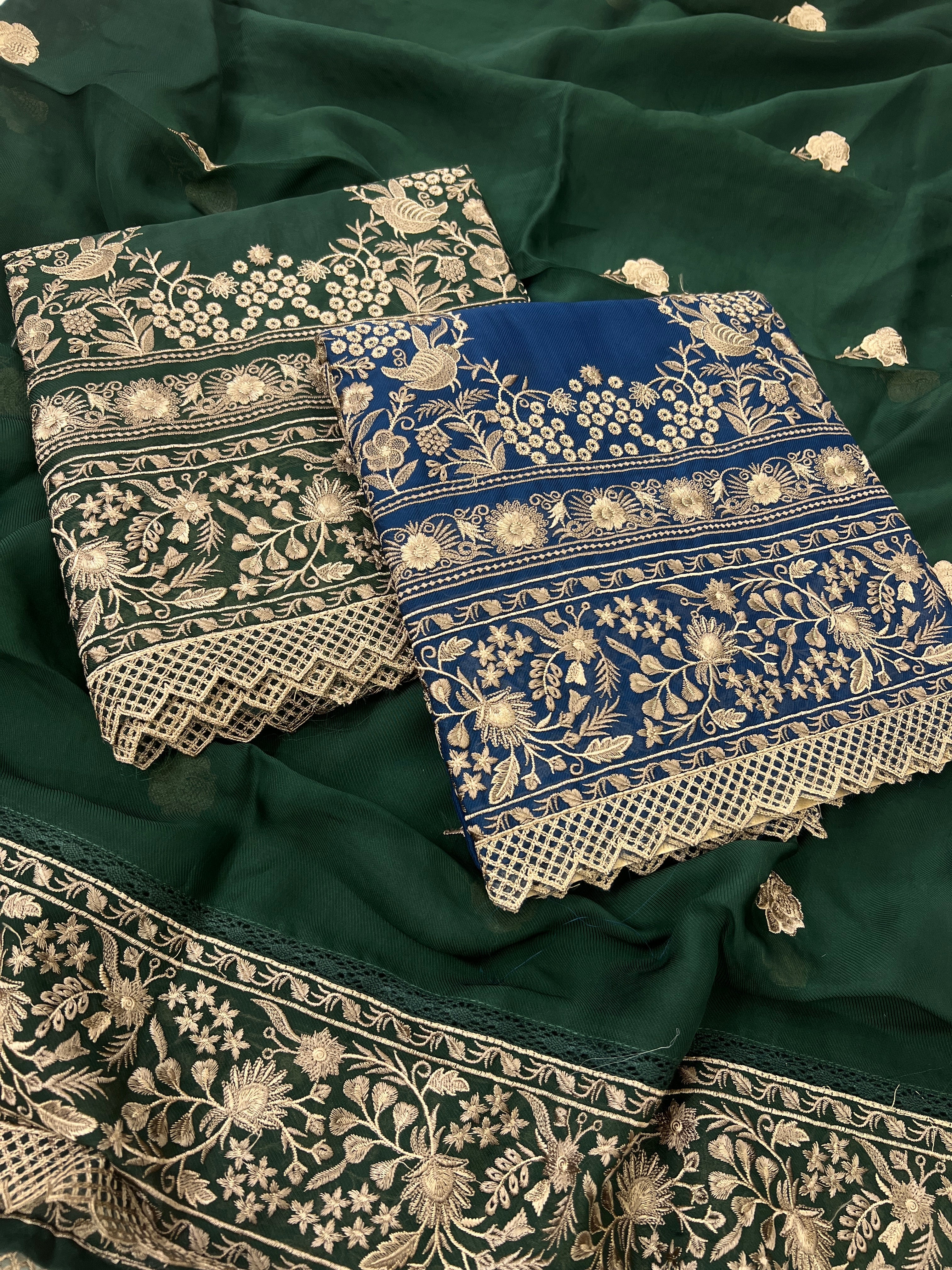 Organza Unstitched Suit Set with Dupatta – Bottle Green / Electric Blue - detail view