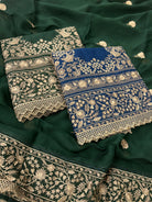 Organza Unstitched Suit Set with Dupatta – Bottle Green / Electric Blue - detail view