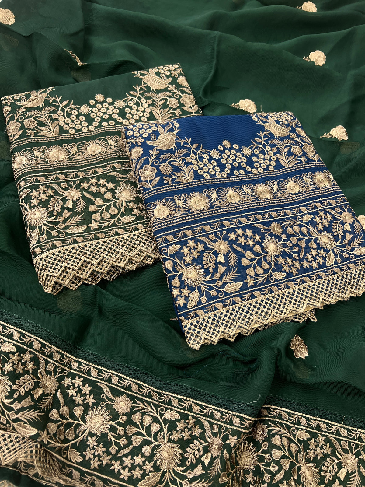 Organza Unstitched Suit Set with Dupatta – Bottle Green / Electric Blue - detail view
