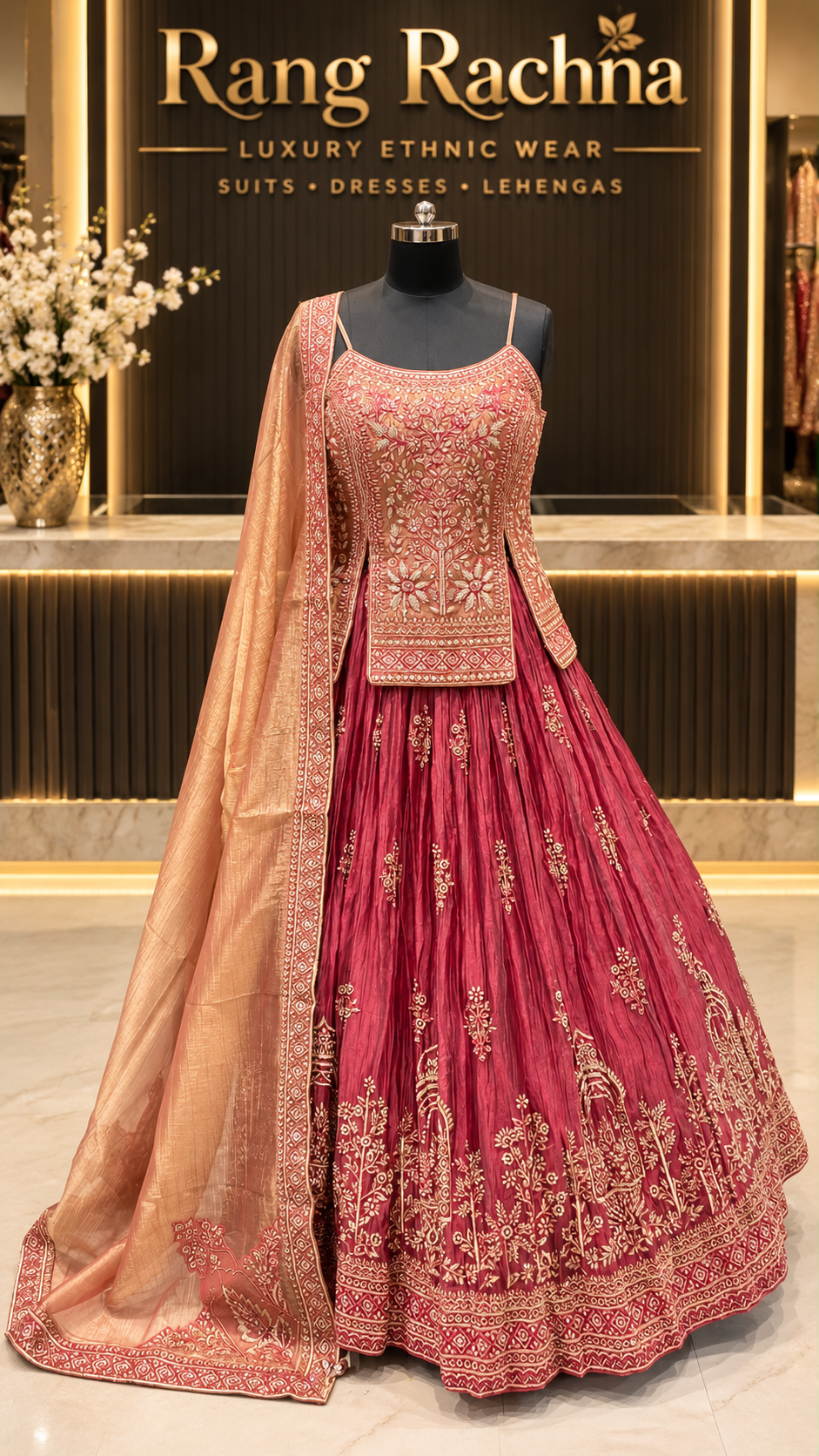 Peach Pink Lehenga Choli Set with Dupatta - front view | Rang Rachna
