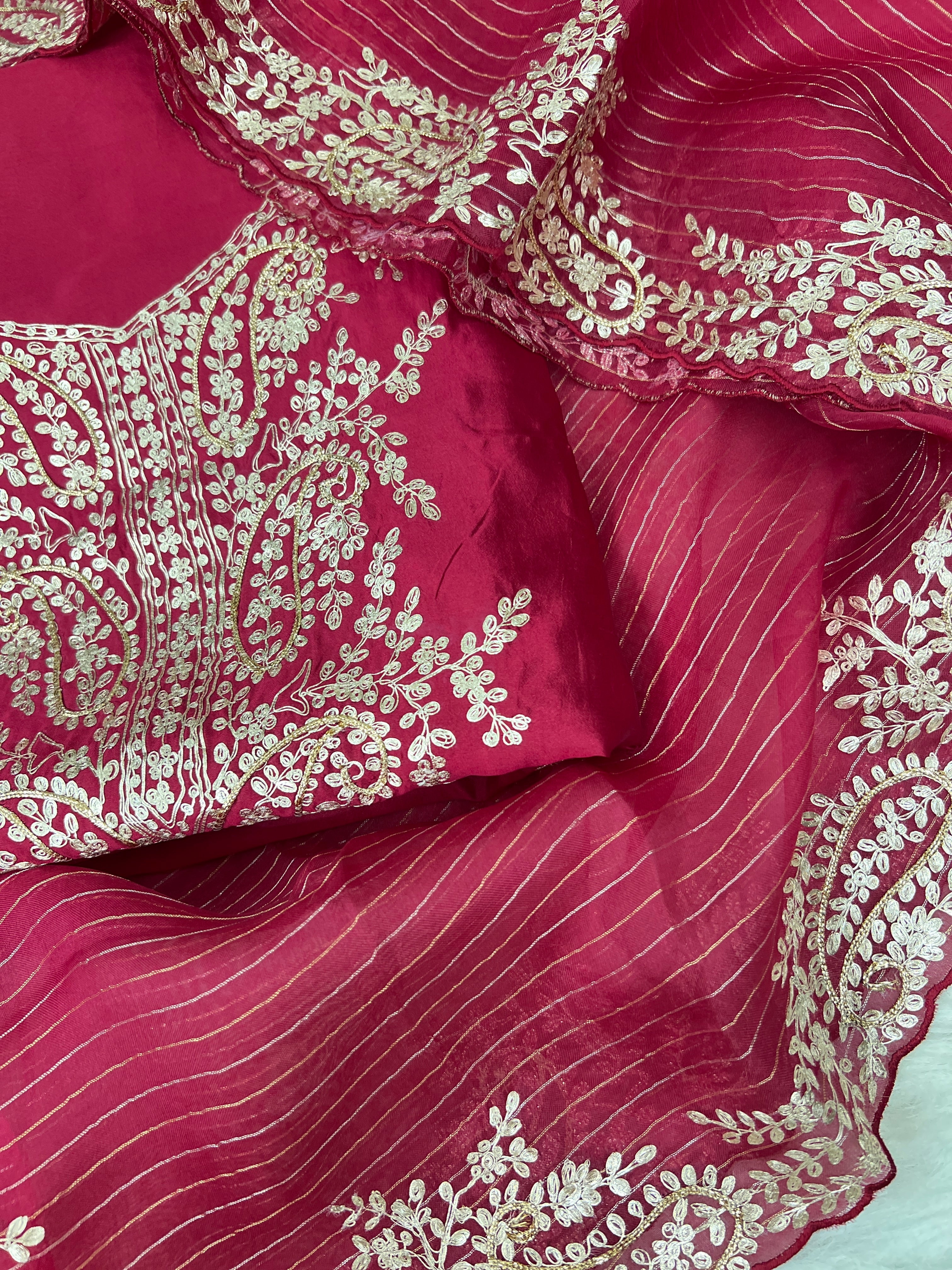 Pink Silk Unstitched Suit Set with Dupatta - detail view