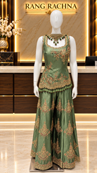 Sage green embroidered sleeveless peplum kurti and palazzo set
